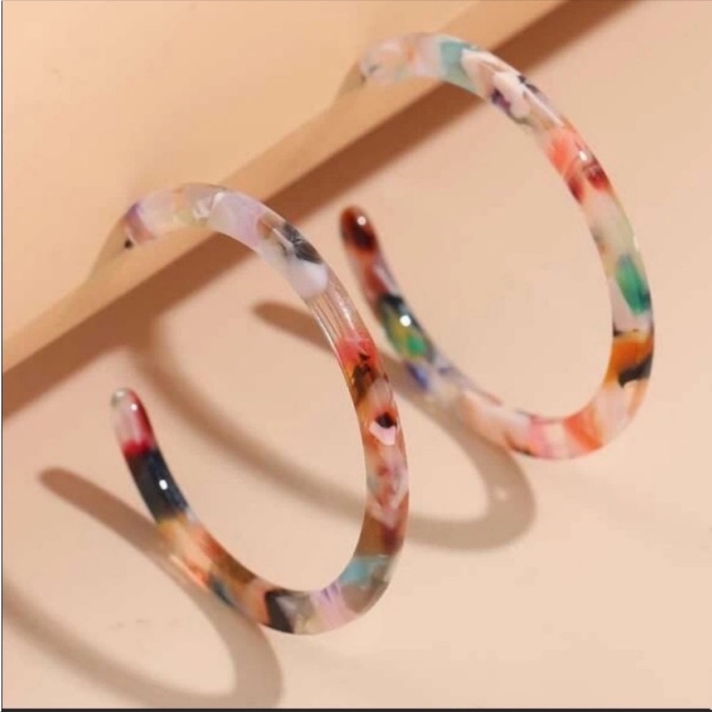 Last pair! Multi marble resin drop hoop earrings stud - Picture 1 of 8